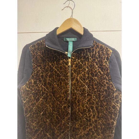 Lauren Ralph Lauren Quilted Leopard Print Velvet Zip Up Sweater/Jacket Silk/Wool - Picture 6 of 6